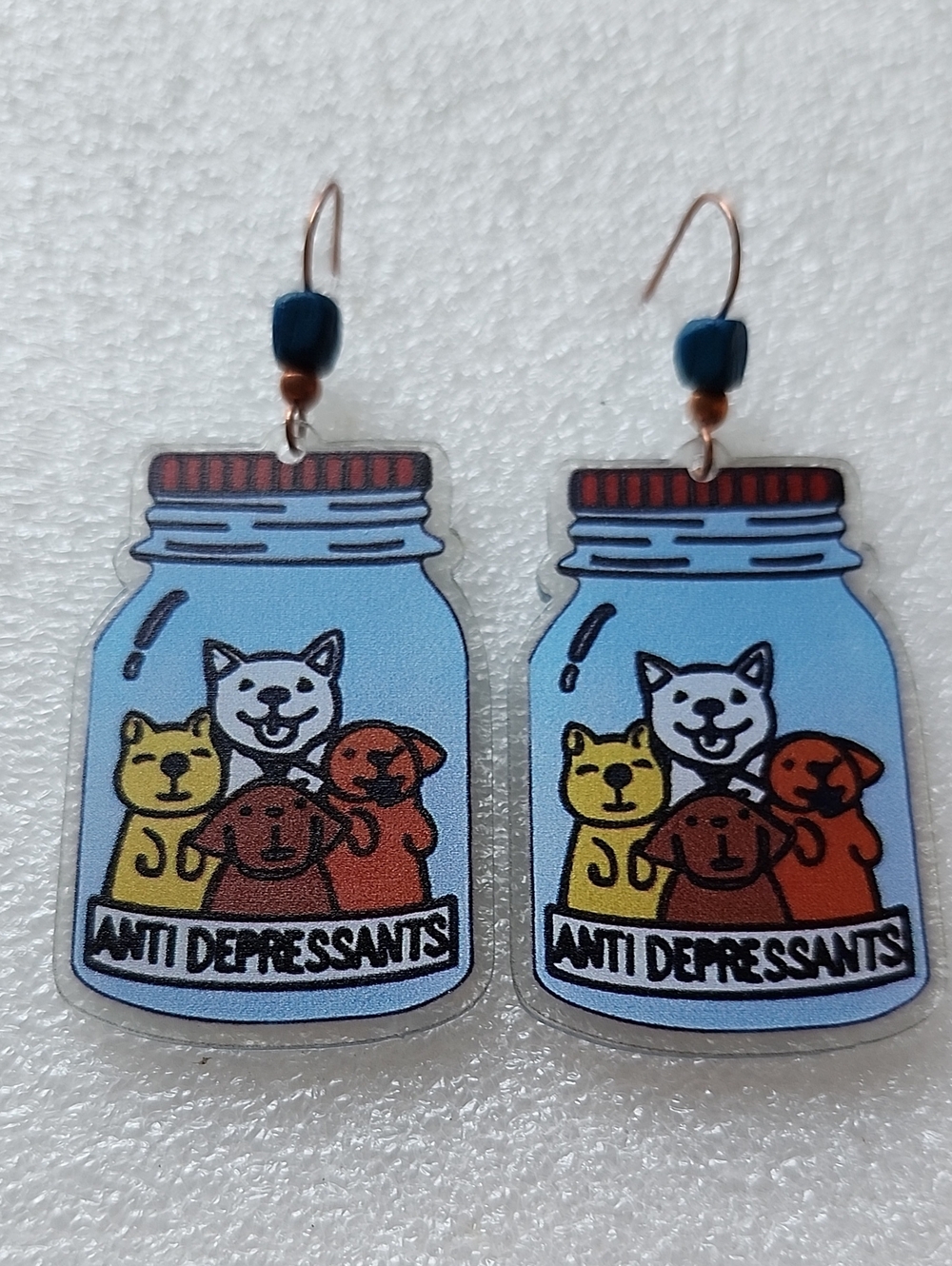 Hand Crafted Light Blue Mason Jar Earrings with Colorful Pets